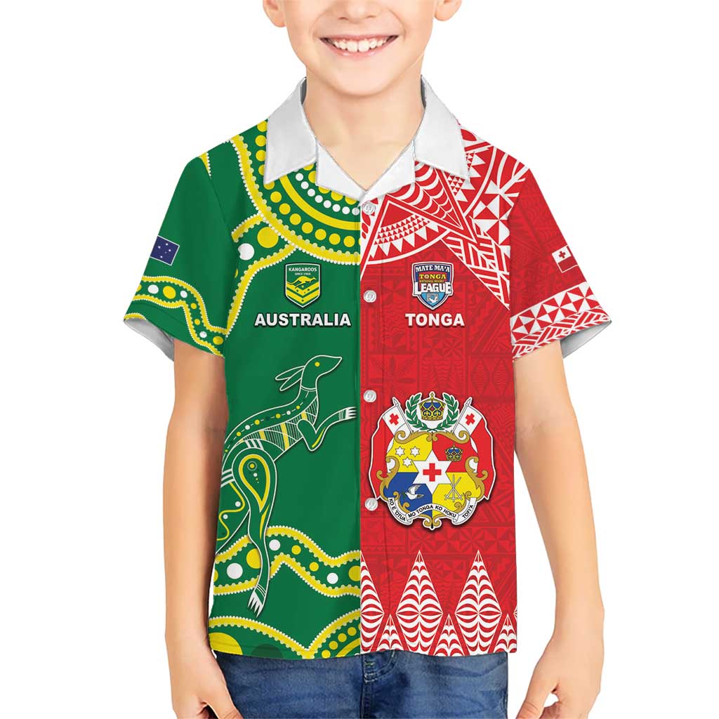 Custom Tonga XIII And Australia Kangaroos Hawaiian Shirt Mate Maa Tongan Ngatu With Aboriginal LT05 - Polynesian Pride