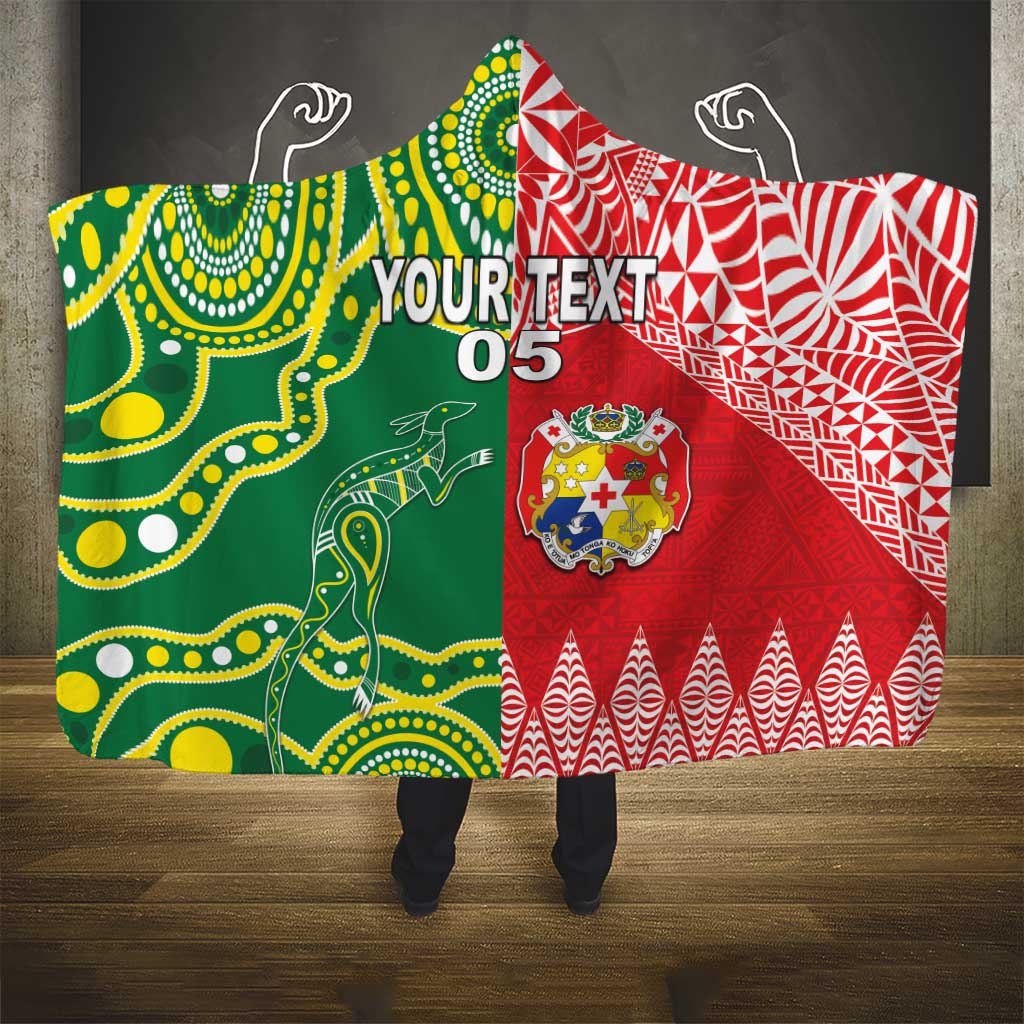 Custom Tonga XIII And Australia Kangaroos Hooded Blanket Mate Maa Tongan Ngatu With Aboriginal LT05 - Polynesian Pride