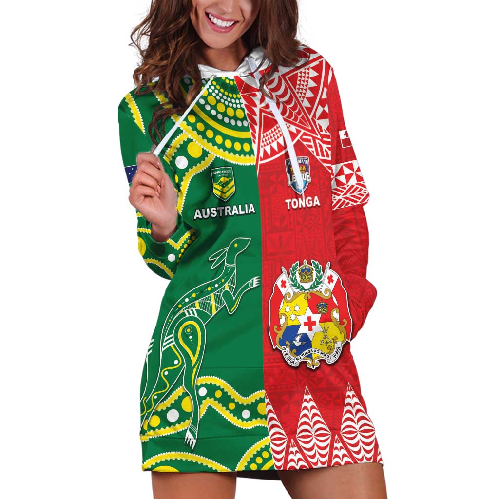 Custom Tonga XIII And Australia Kangaroos Hoodie Dress Mate Maa Tongan Ngatu With Aboriginal LT05 Red - Polynesian Pride