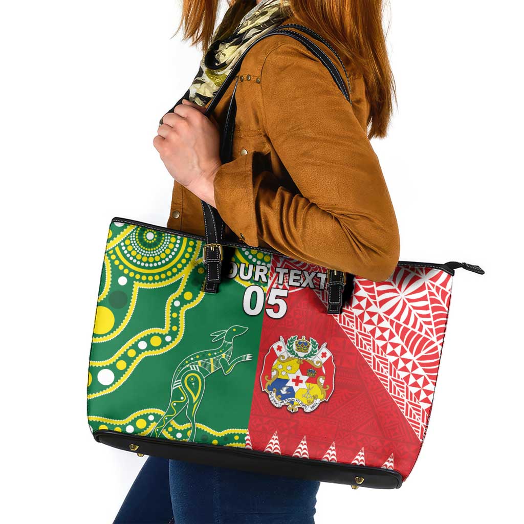 Custom Tonga XIII And Australia Kangaroos Leather Tote Bag Mate Maa Tongan Ngatu With Aboriginal LT05 Red - Polynesian Pride