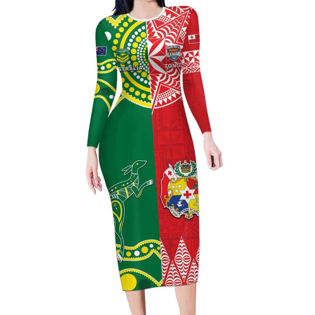 Custom Tonga XIII And Australia Kangaroos Long Sleeve Bodycon Dress Mate Maa Tongan Ngatu With Aboriginal