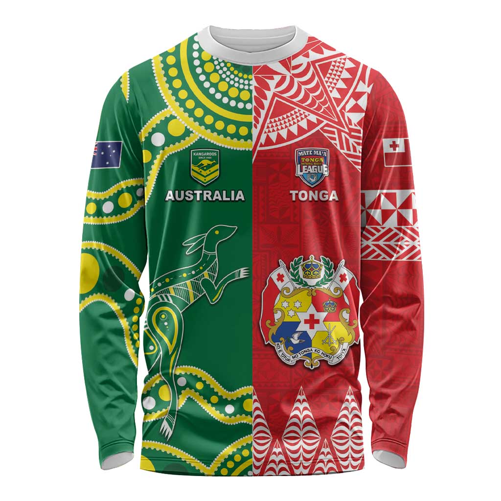 Custom Tonga XIII And Australia Kangaroos Long Sleeve Shirt Mate Maa Tongan Ngatu With Aboriginal