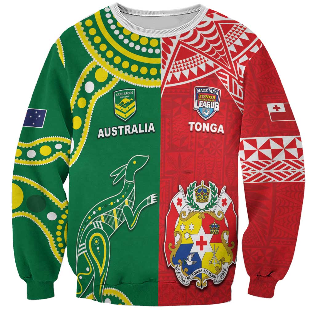 Custom Tonga XIII And Australia Kangaroos Sweatshirt Mate Maa Tongan Ngatu With Aboriginal LT05 Unisex Red - Polynesian Pride