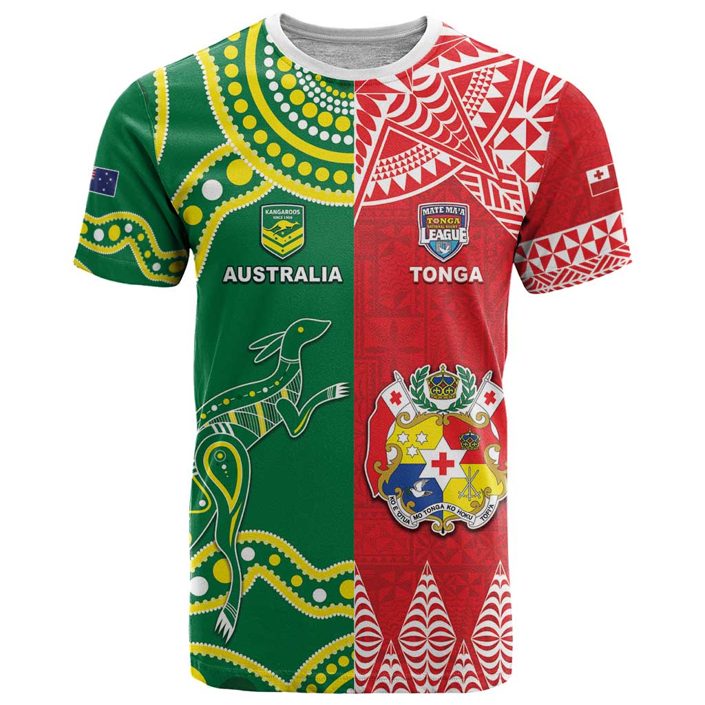 Custom Tonga XIII And Australia Kangaroos T Shirt Mate Maa Tongan Ngatu With Aboriginal LT05 Red - Polynesian Pride