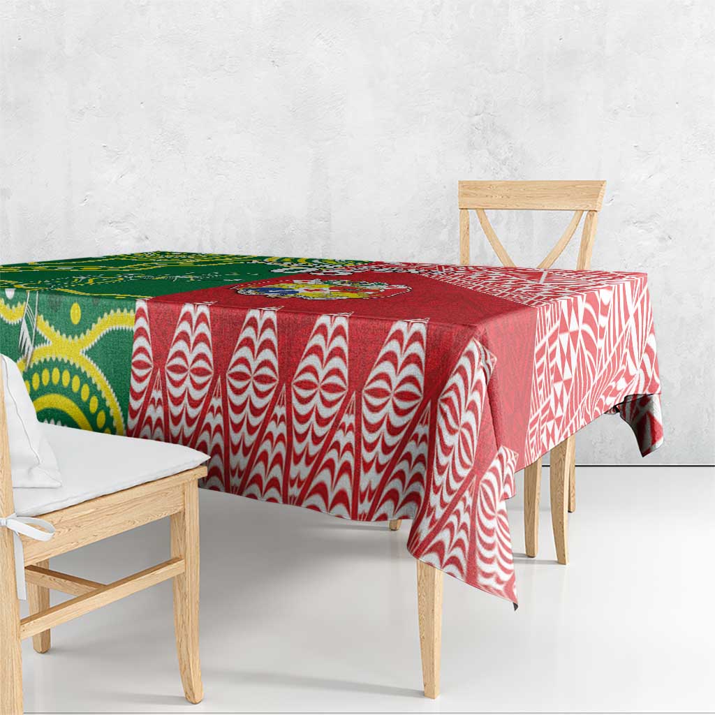 Custom Tonga XIII And Australia Kangaroos Tablecloth Mate Maa Tongan Ngatu With Aboriginal LT05 - Polynesian Pride