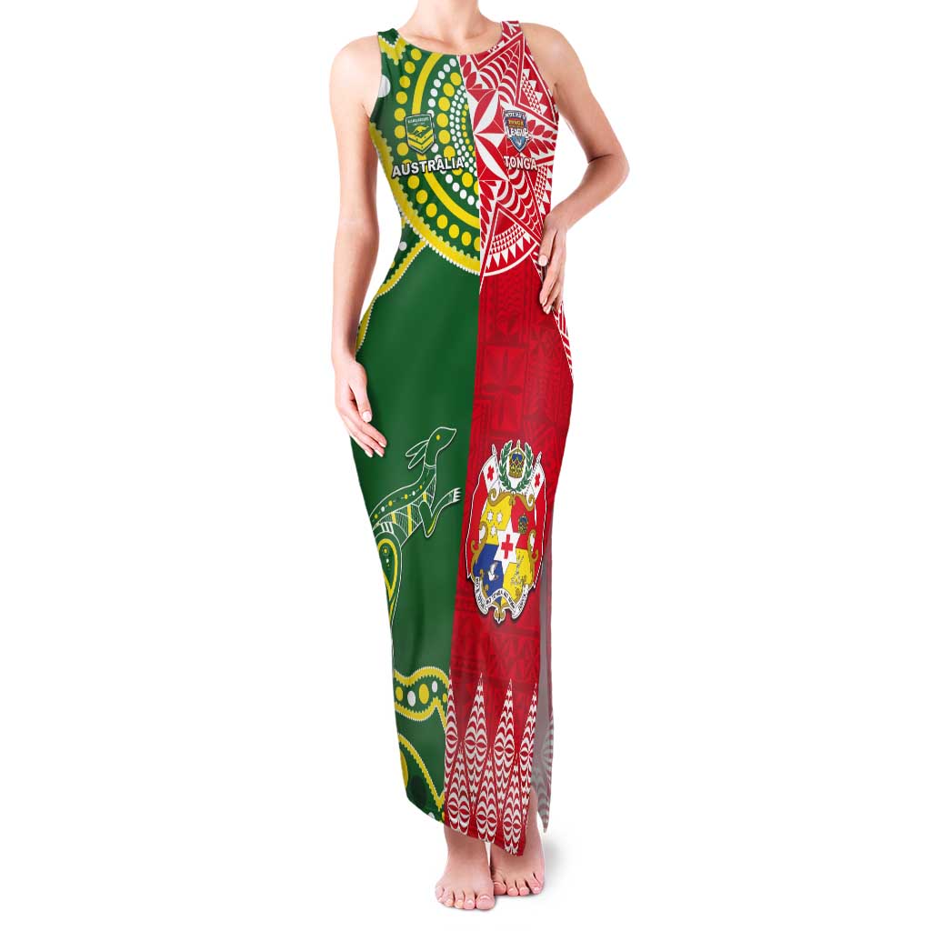 Custom Tonga XIII And Australia Kangaroos Tank Maxi Dress Mate Maa Tongan Ngatu With Aboriginal LT05 Women Red - Polynesian Pride