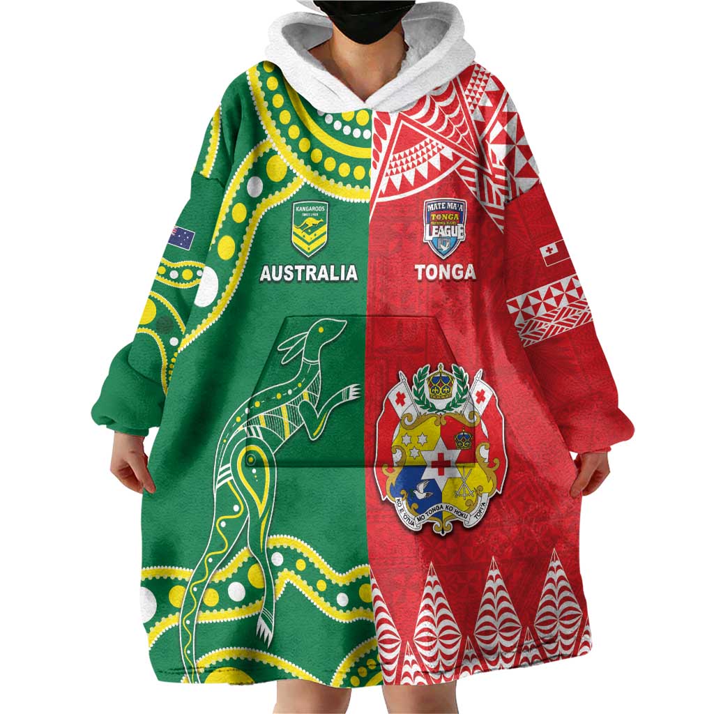 Custom Tonga XIII And Australia Kangaroos Wearable Blanket Hoodie Mate Maa Tongan Ngatu With Aboriginal