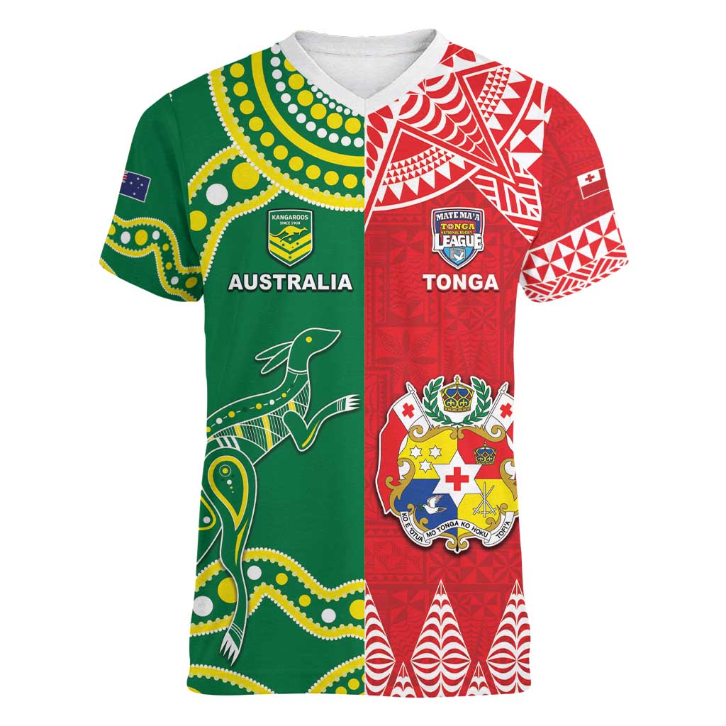 Custom Tonga XIII And Australia Kangaroos Women V-Neck T-Shirt Mate Maa Tongan Ngatu With Aboriginal