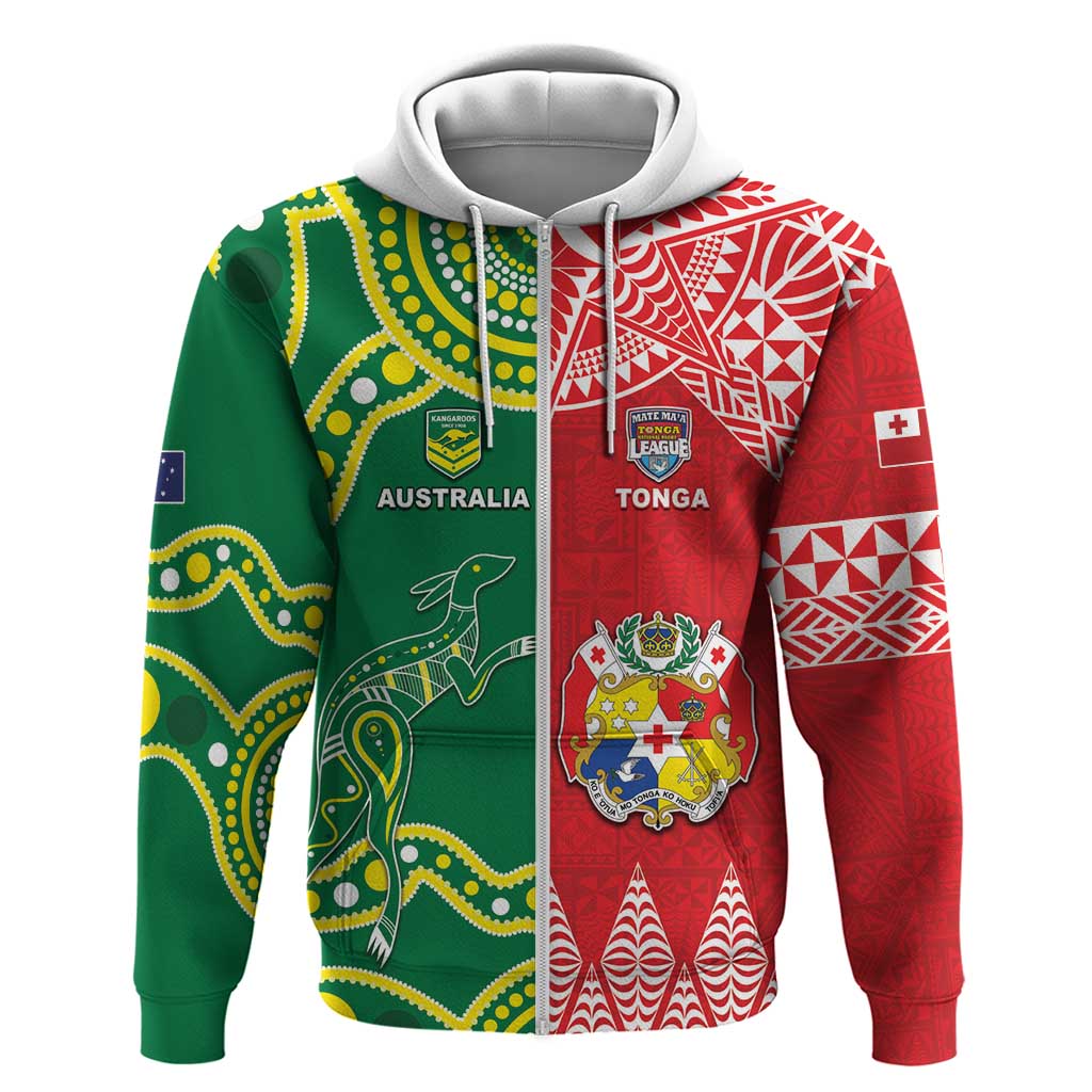 Custom Tonga XIII And Australia Kangaroos Zip Hoodie Mate Maa Tongan Ngatu With Aboriginal