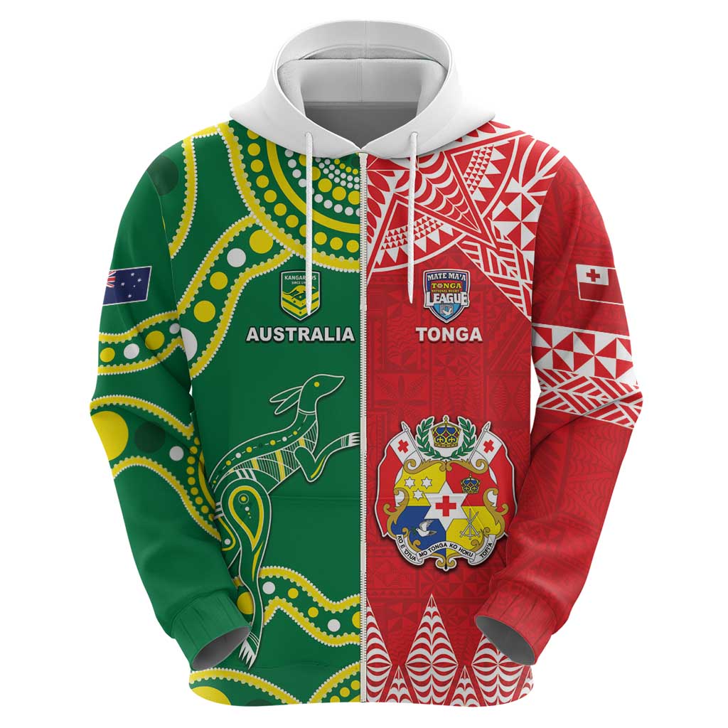 Custom Tonga XIII And Australia Kangaroos Zip Hoodie Mate Maa Tongan Ngatu With Aboriginal