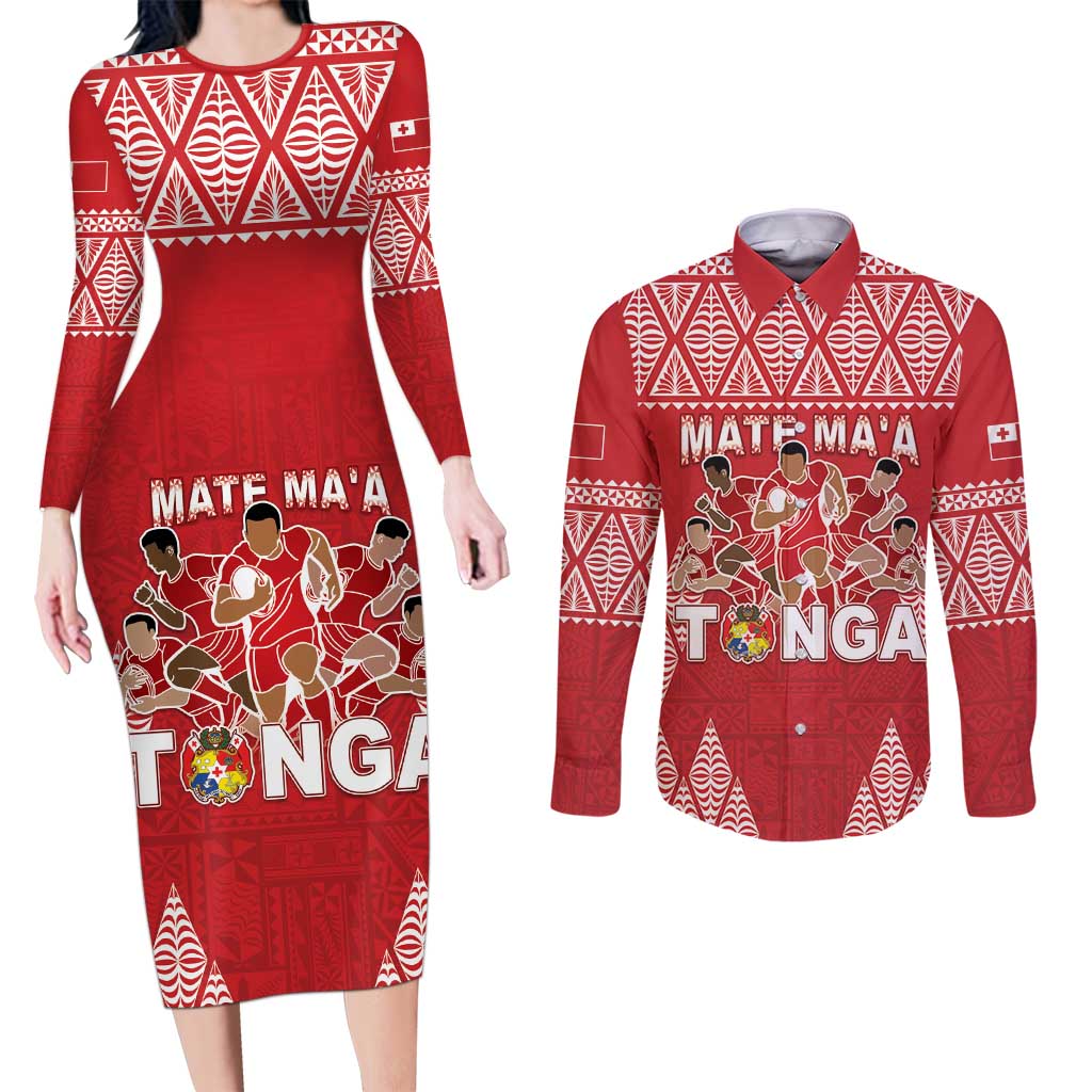 Custom Tonga Rugby Couples Matching Long Sleeve Bodycon Dress and Long Sleeve Button Shirt Tonga Mate Ma'a Take The Lead LT05 Red - Polynesian Pride