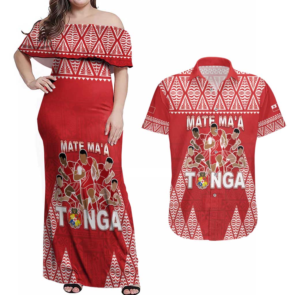 Custom Tonga Rugby Couples Matching Off Shoulder Maxi Dress and Hawaiian Shirt Tonga Mate Ma'a Take The Lead