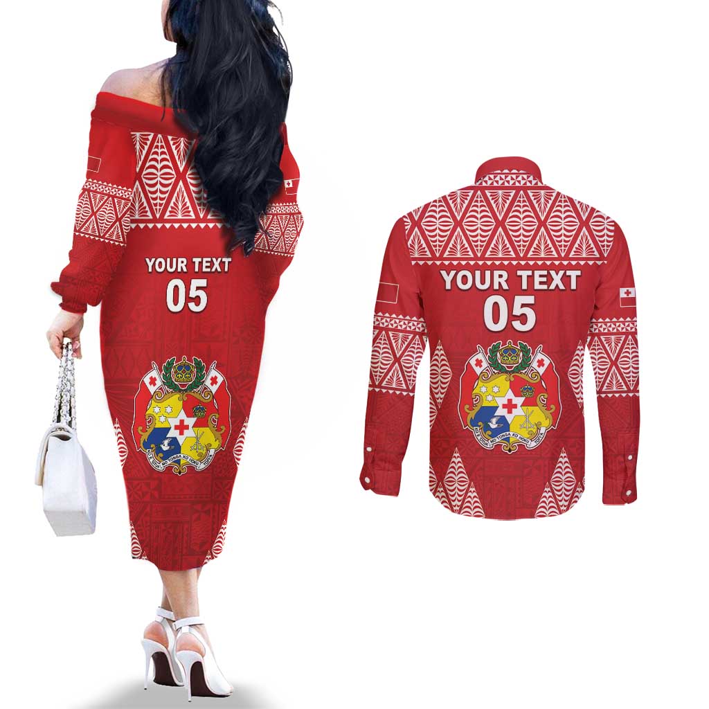 Custom Tonga Rugby Couples Matching Off The Shoulder Long Sleeve Dress and Long Sleeve Button Shirt Tonga Mate Ma'a Take The Lead LT05 - Polynesian Pride