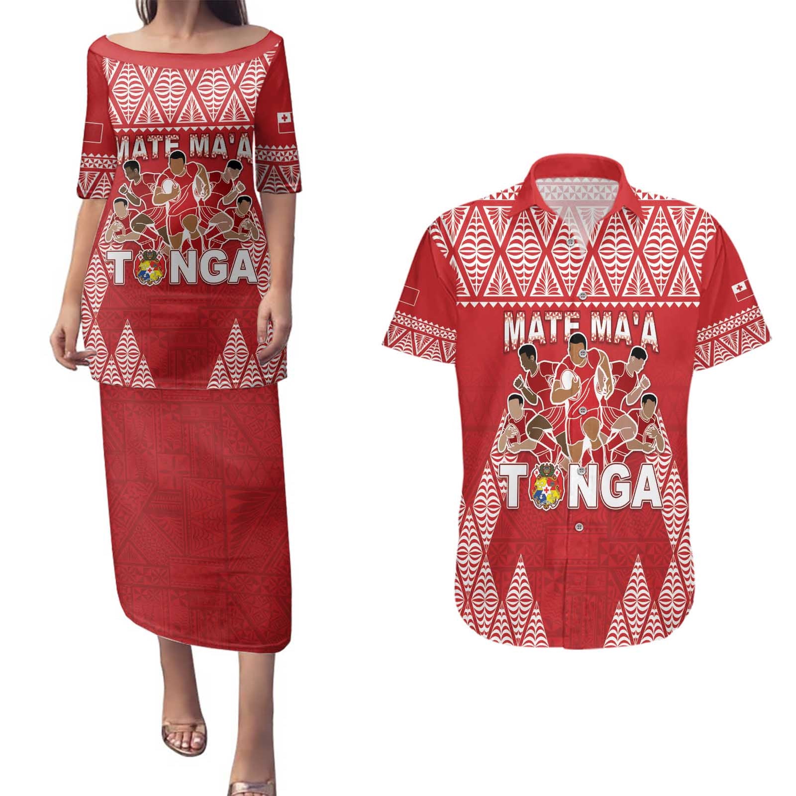 Custom Tonga Rugby Couples Matching Puletasi and Hawaiian Shirt Tonga Mate Ma'a Take The Lead LT05 Red - Polynesian Pride