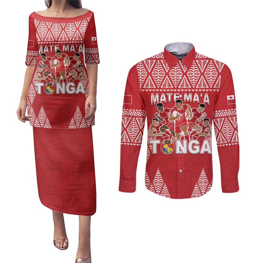 Custom Tonga Rugby Couples Matching Puletasi and Long Sleeve Button Shirt Tonga Mate Ma'a Take The Lead LT05 Red - Polynesian Pride