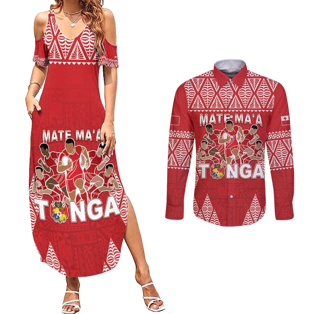 Custom Tonga Rugby Couples Matching Summer Maxi Dress and Long Sleeve Button Shirt Tonga Mate Ma'a Take The Lead LT05 Red - Polynesian Pride