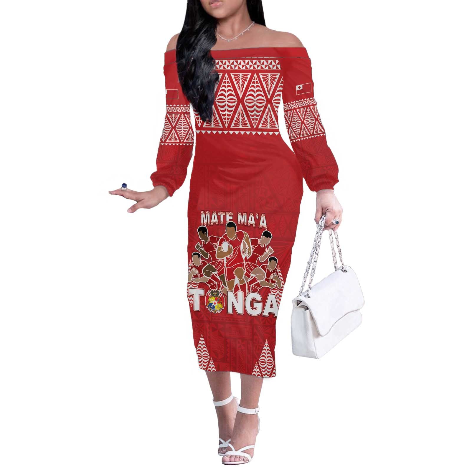 Custom Tonga Rugby Off The Shoulder Long Sleeve Dress Tonga Mate Ma'a Take The Lead