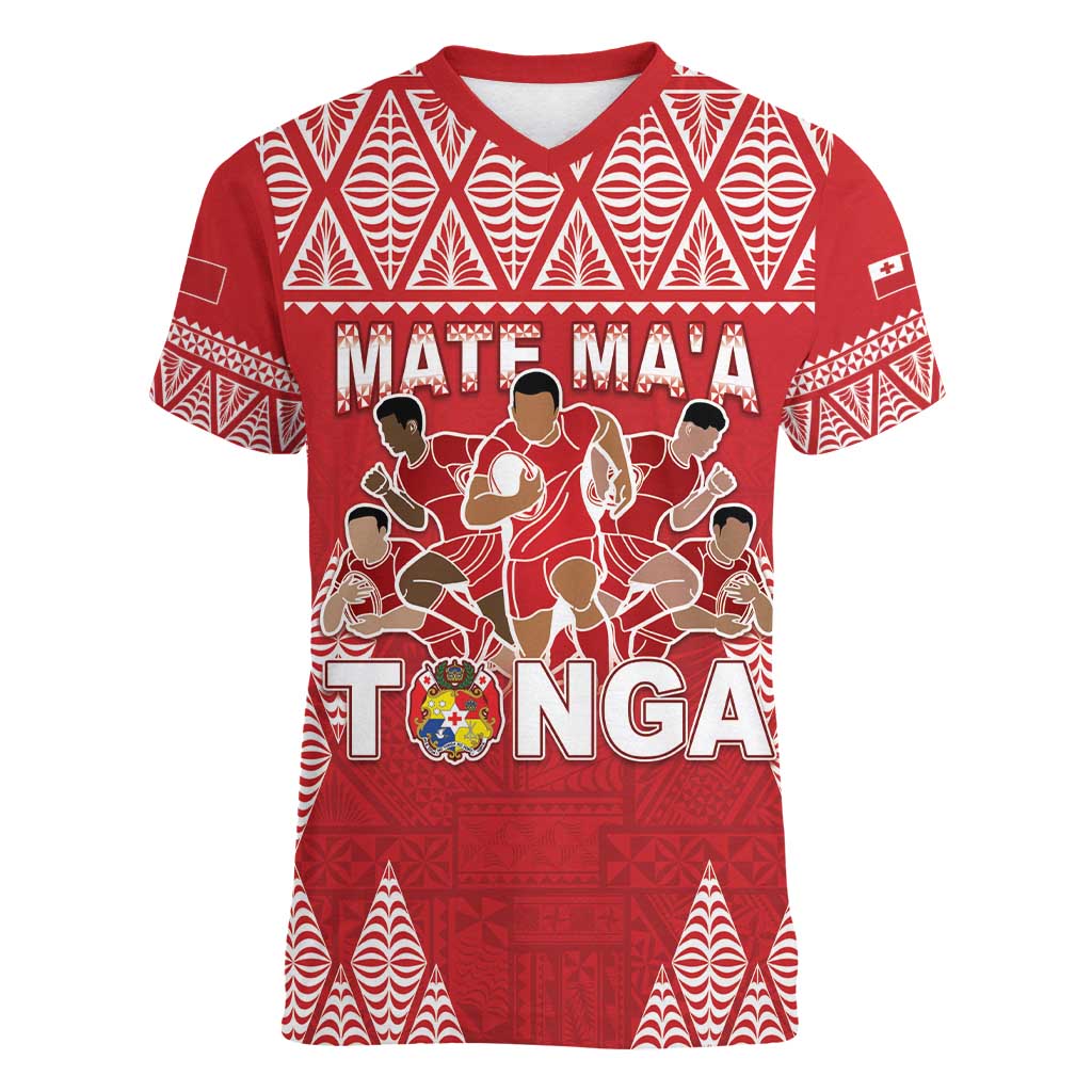 Custom Tonga Rugby Women V-Neck T-Shirt Tonga Mate Ma'a Take The Lead