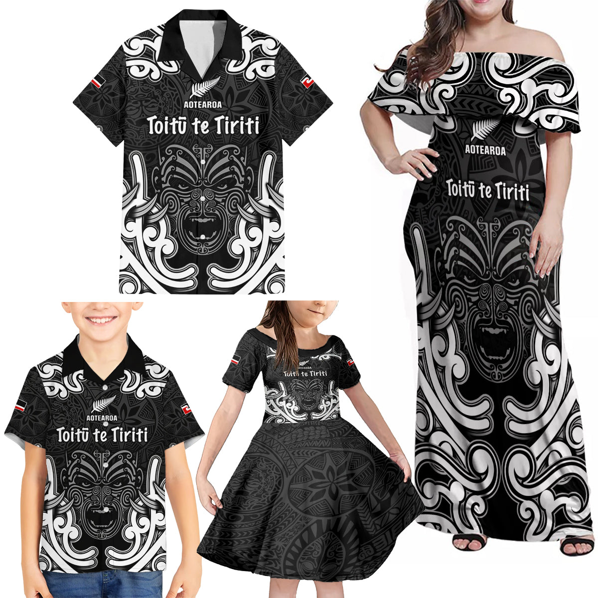 Personalised Aotearoa Family Matching Off Shoulder Maxi Dress and Hawaiian Shirt Toitu Te Tiriti O Waitangi LT05 - Polynesian Pride