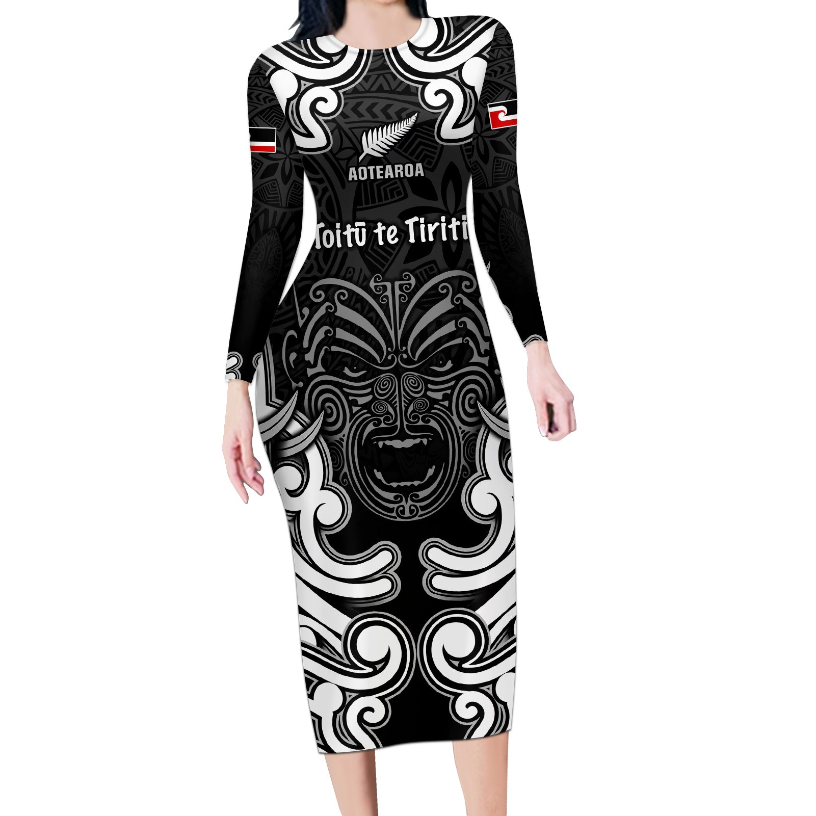 Personalised Aotearoa Long Sleeve Bodycon Dress Toitu Te Tiriti O Waitangi LT05 Long Dress Black - Polynesian Pride