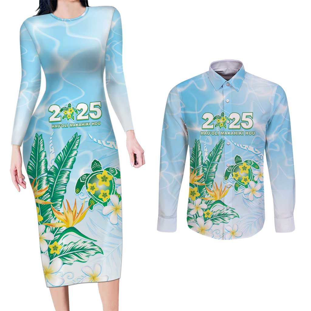 Personalised 2025 Aloha Hawaii Couples Matching Long Sleeve Bodycon Dress and Long Sleeve Button Shirt Tropical Flowers And Honu LT05 Blue - Polynesian Pride