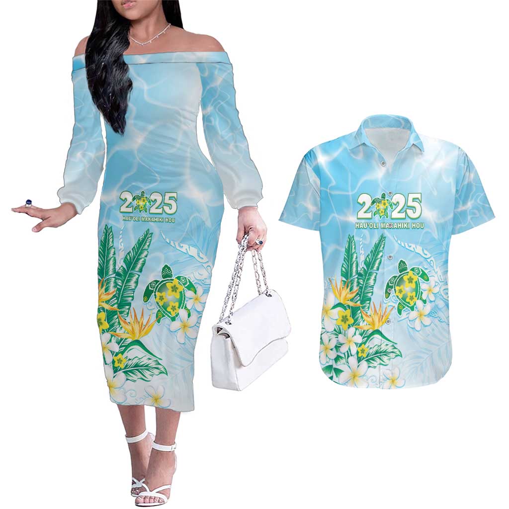 Personalised 2025 Aloha Hawaii Couples Matching Off The Shoulder Long Sleeve Dress and Hawaiian Shirt Tropical Flowers And Honu LT05 Blue - Polynesian Pride