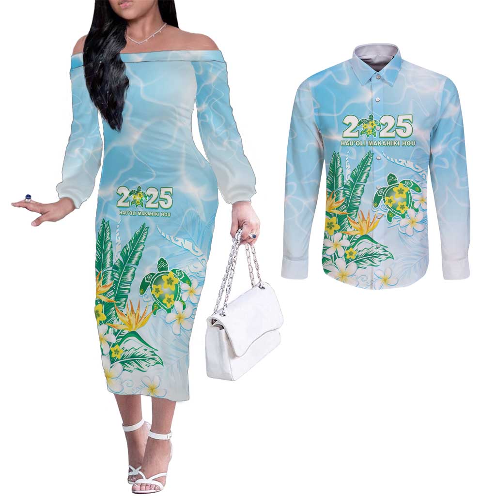 Personalised 2025 Aloha Hawaii Couples Matching Off The Shoulder Long Sleeve Dress and Long Sleeve Button Shirt Tropical Flowers And Honu LT05 Blue - Polynesian Pride
