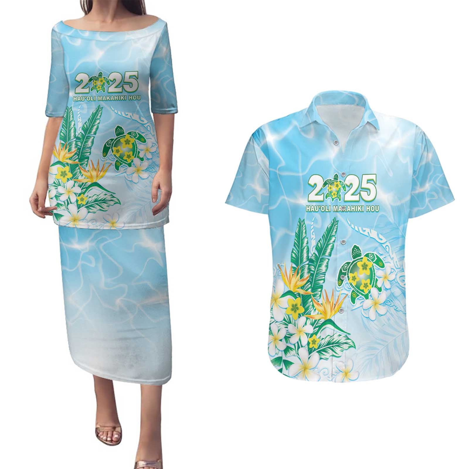 Personalised 2025 Aloha Hawaii Couples Matching Puletasi and Hawaiian Shirt Tropical Flowers And Honu LT05 Blue - Polynesian Pride