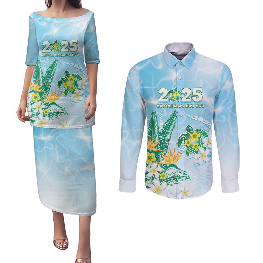 Personalised 2025 Aloha Hawaii Couples Matching Puletasi and Long Sleeve Button Shirt Tropical Flowers And Honu LT05 Blue - Polynesian Pride