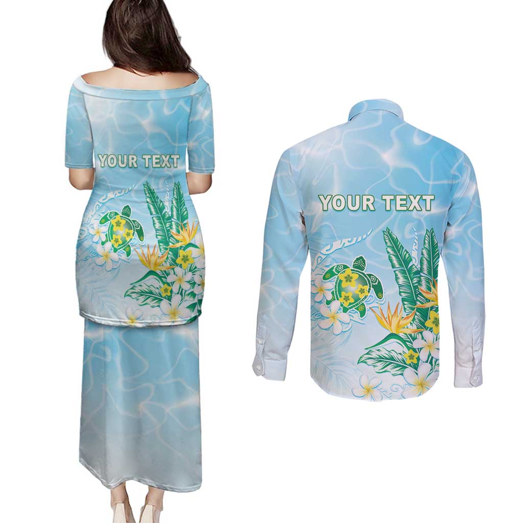 Personalised 2025 Aloha Hawaii Couples Matching Puletasi and Long Sleeve Button Shirt Tropical Flowers And Honu LT05 - Polynesian Pride