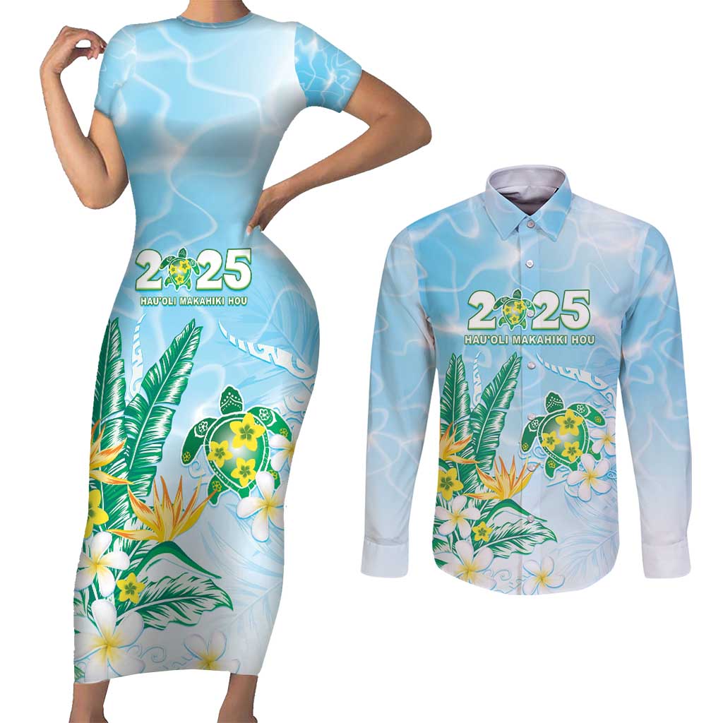 Personalised 2025 Aloha Hawaii Couples Matching Short Sleeve Bodycon Dress and Long Sleeve Button Shirt Tropical Flowers And Honu LT05 Blue - Polynesian Pride