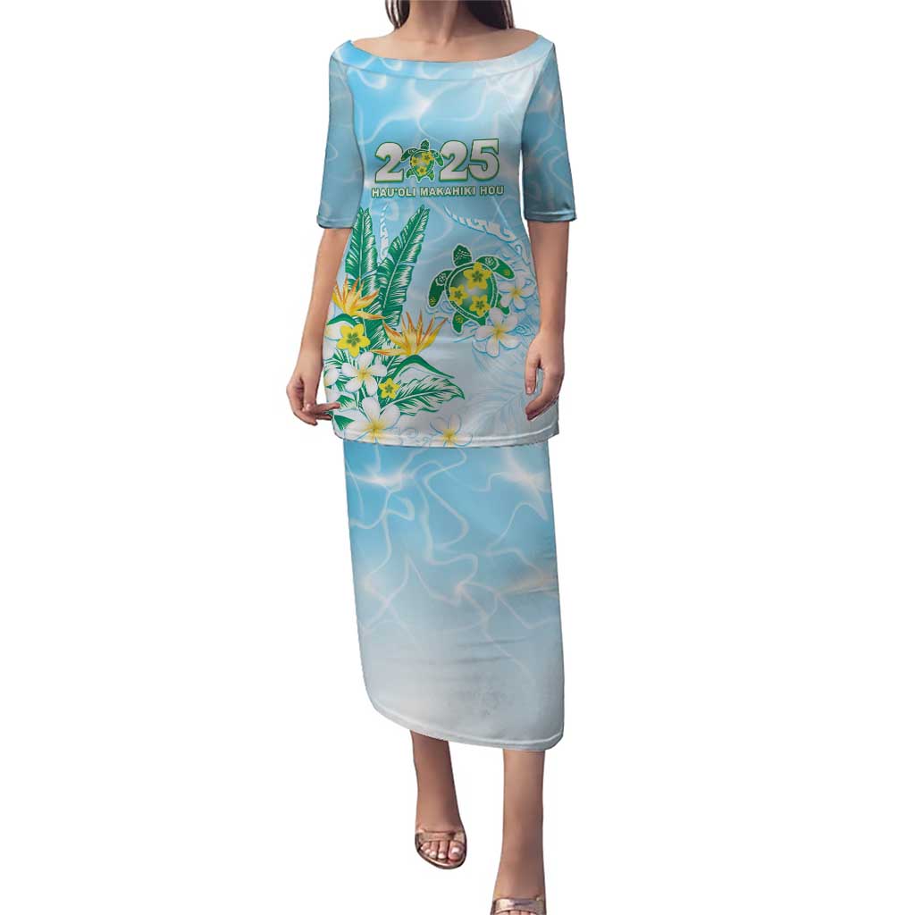 Personalised 2025 Aloha Hawaii Puletasi Tropical Flowers And Honu LT05 Long Dress Blue - Polynesian Pride