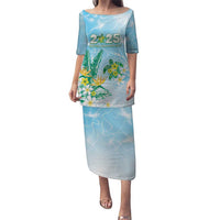 Personalised 2025 Aloha Hawaii Puletasi Tropical Flowers And Honu LT05 Long Dress Blue - Polynesian Pride