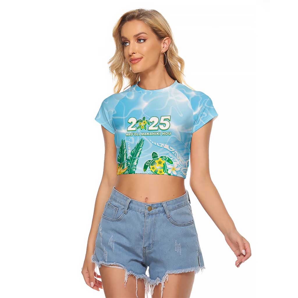 Personalised 2025 Aloha Hawaii Raglan Cropped T Shirt Tropical Flowers And Honu LT05 Female Blue - Polynesian Pride