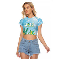 Personalised 2025 Aloha Hawaii Raglan Cropped T Shirt Tropical Flowers And Honu LT05 Female Blue - Polynesian Pride