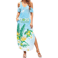 Personalised 2025 Aloha Hawaii Summer Maxi Dress Tropical Flowers And Honu LT05 Women Blue - Polynesian Pride