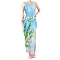 Personalised 2025 Aloha Hawaii Tank Maxi Dress Tropical Flowers And Honu LT05 Women Blue - Polynesian Pride