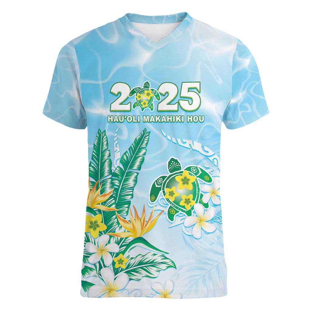 Personalised 2025 Aloha Hawaii Women V-Neck T-Shirt Tropical Flowers And Honu LT05 Female Blue - Polynesian Pride