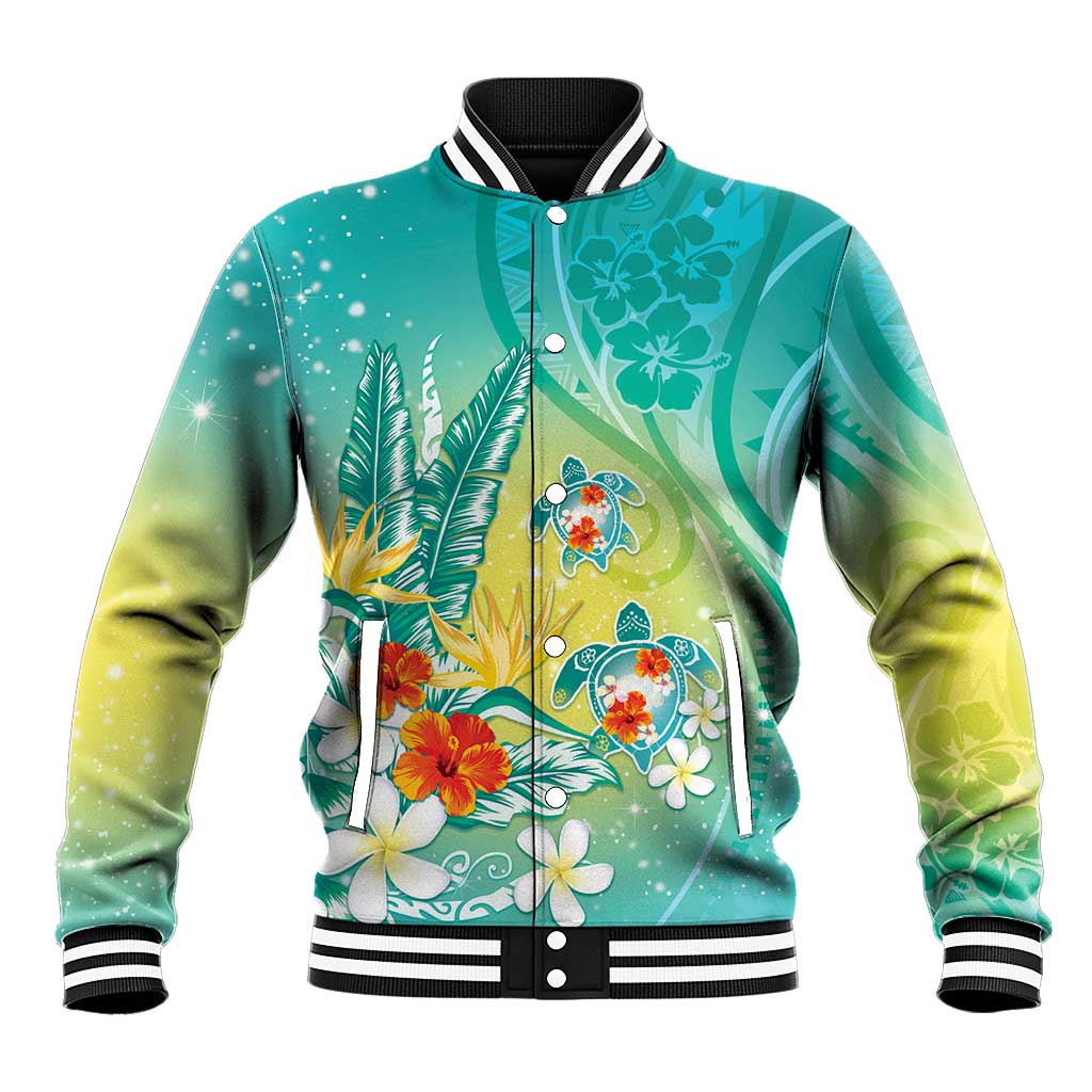 Hawaii Honu Baseball Jacket Tropical Flowers Turquoise Gradient LT05 Unisex Turquoise - Polynesian Pride