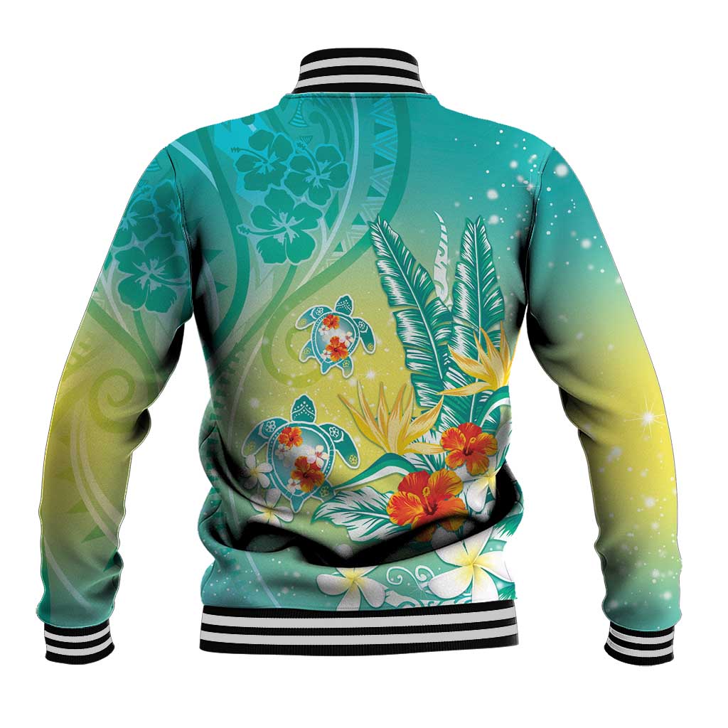 Hawaii Honu Baseball Jacket Tropical Flowers Turquoise Gradient LT05 - Polynesian Pride