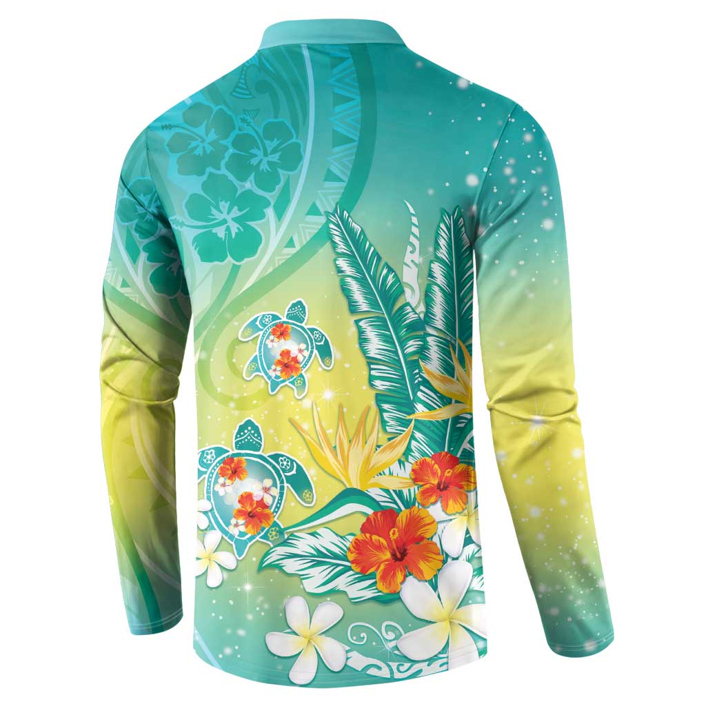 Hawaii Honu Button Sweatshirt Tropical Flowers Turquoise Gradient LT05 - Polynesian Pride