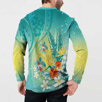 Hawaii Honu Button Sweatshirt Tropical Flowers Turquoise Gradient LT05 - Polynesian Pride