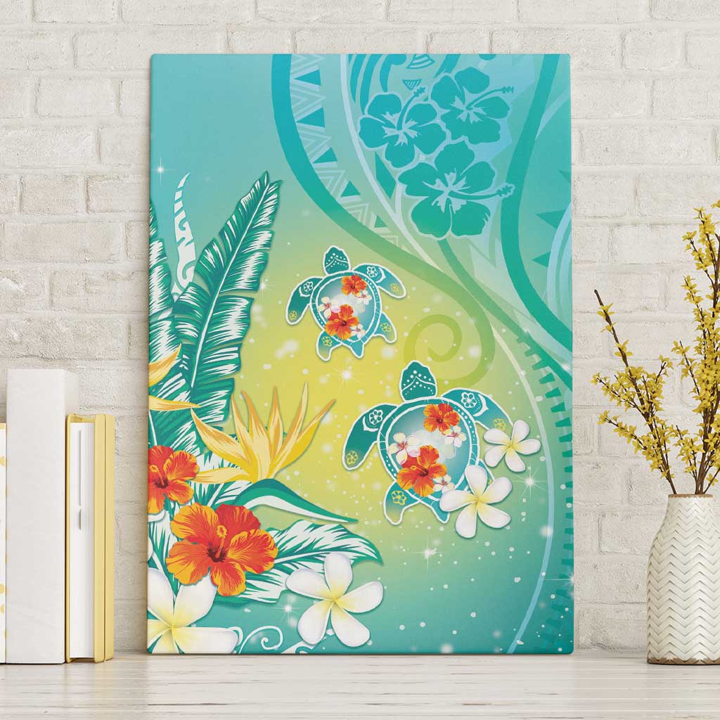 Hawaii Honu Canvas Wall Art Tropical Flowers Turquoise Gradient LT05 Without Frame Turquoise - Polynesian Pride