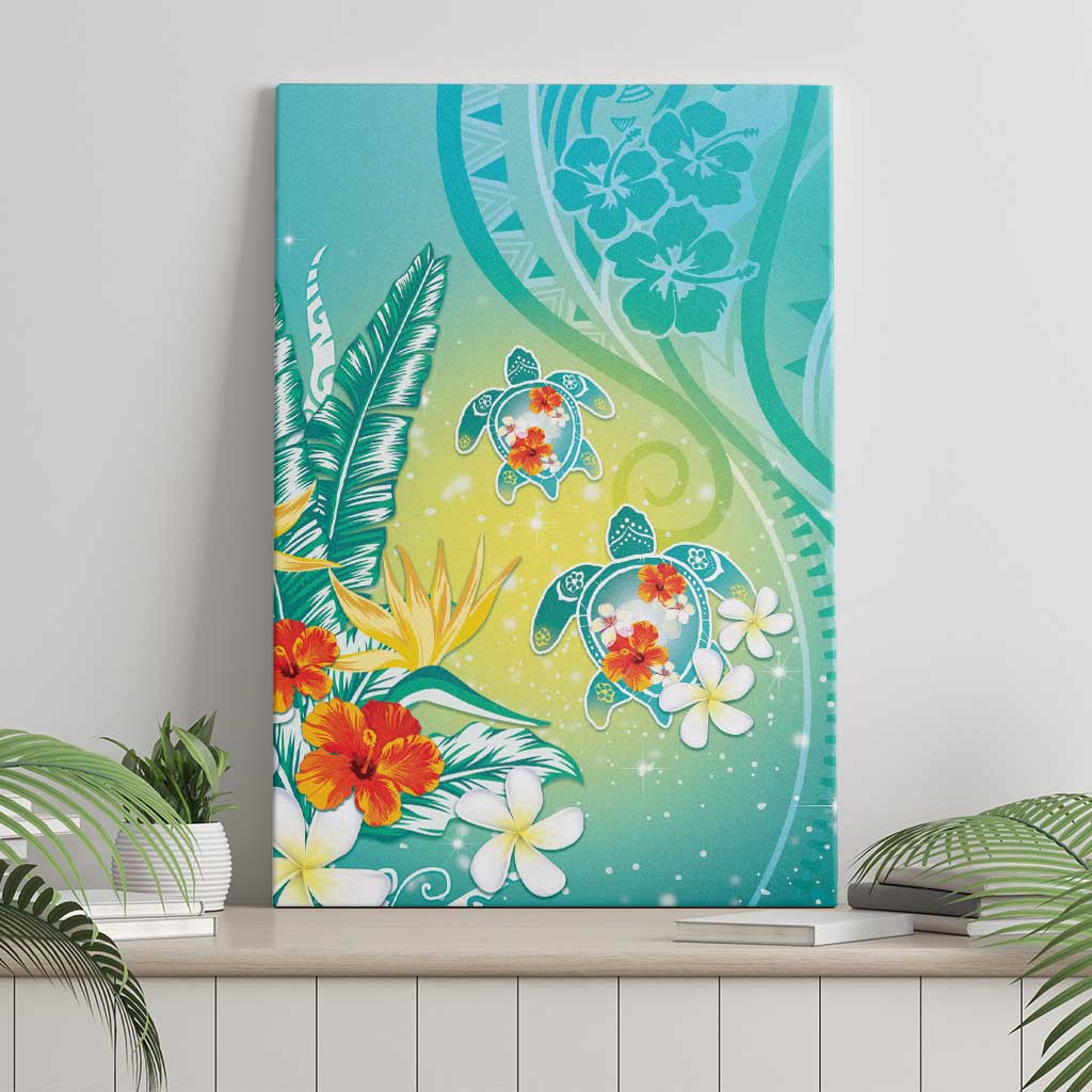 Hawaii Honu Canvas Wall Art Tropical Flowers Turquoise Gradient LT05 - Polynesian Pride