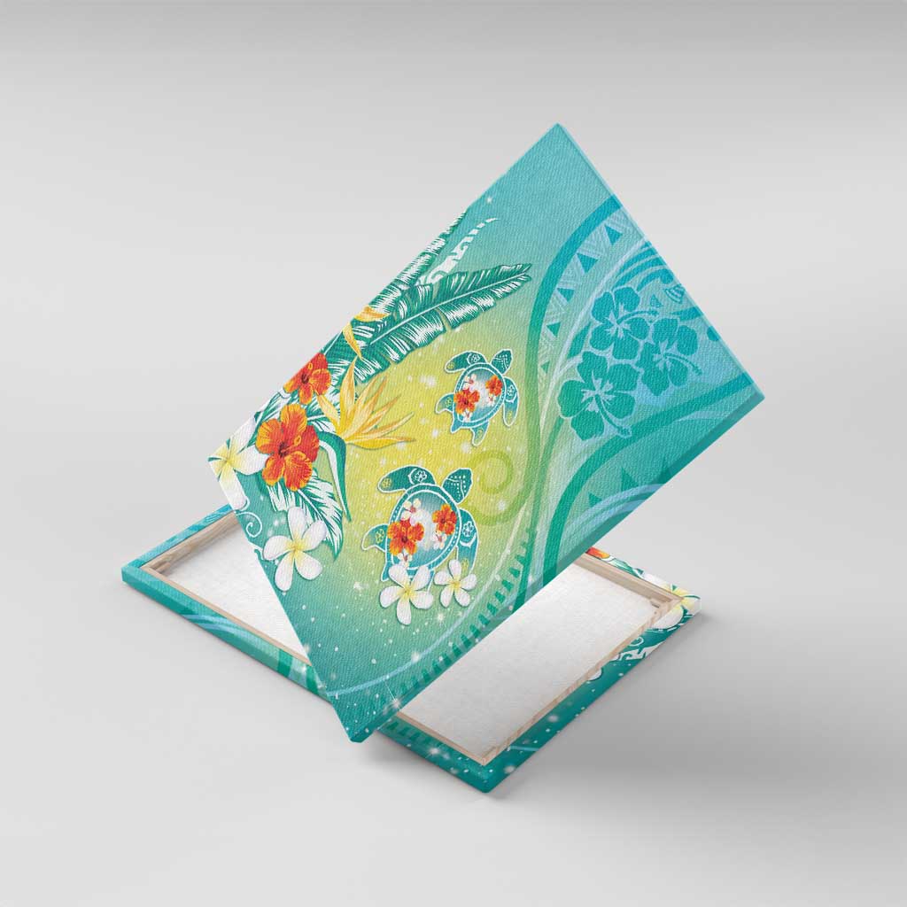 Hawaii Honu Canvas Wall Art Tropical Flowers Turquoise Gradient LT05 With Frame Turquoise - Polynesian Pride