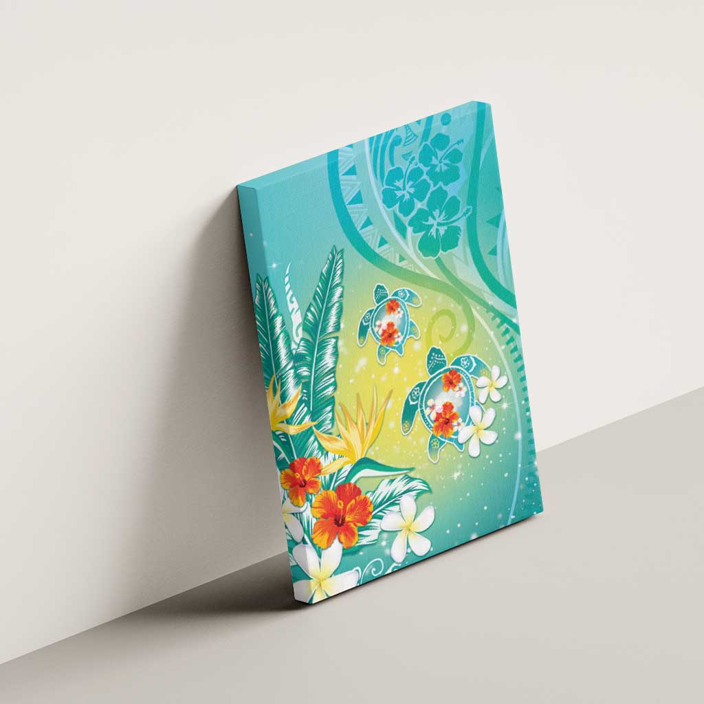 Hawaii Honu Canvas Wall Art Tropical Flowers Turquoise Gradient LT05 - Polynesian Pride