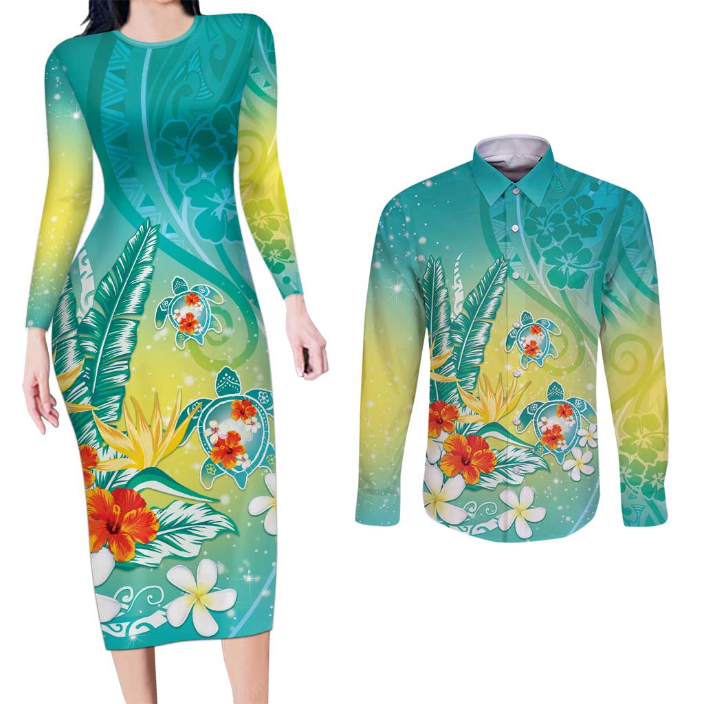 Hawaii Honu Couples Matching Long Sleeve Bodycon Dress and Long Sleeve Button Shirt Tropical Flowers Turquoise Gradient LT05 Turquoise - Polynesian Pride
