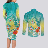Hawaii Honu Couples Matching Long Sleeve Bodycon Dress and Long Sleeve Button Shirt Tropical Flowers Turquoise Gradient LT05 - Polynesian Pride