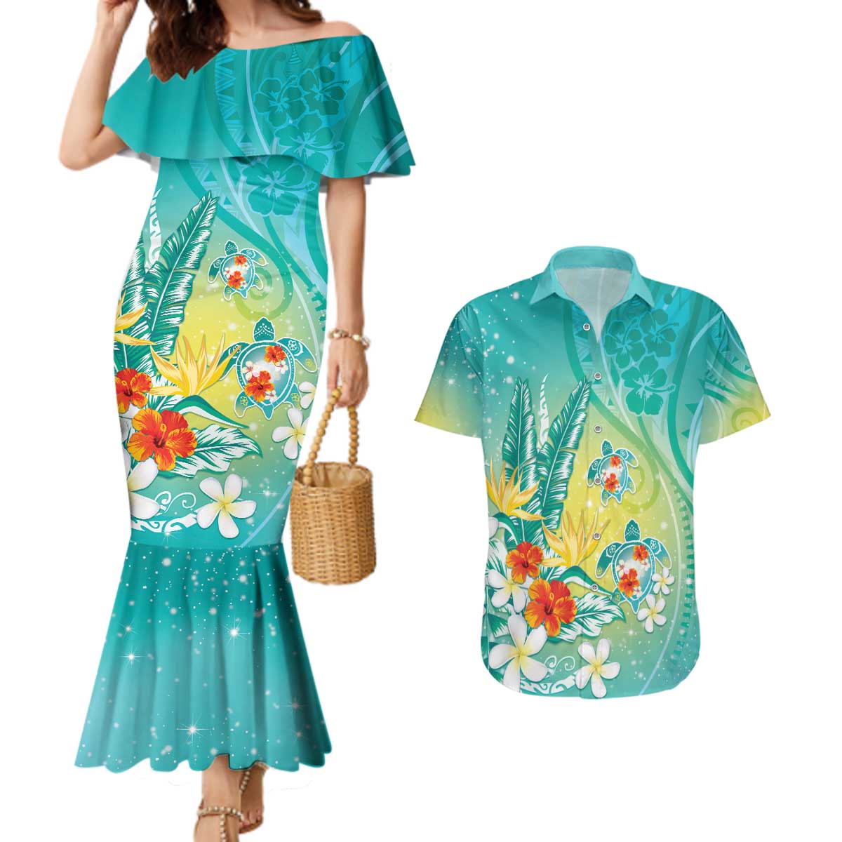 Hawaii Honu Couples Matching Mermaid Dress and Hawaiian Shirt Tropical Flowers Turquoise Gradient