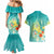 Hawaii Honu Couples Matching Mermaid Dress and Hawaiian Shirt Tropical Flowers Turquoise Gradient